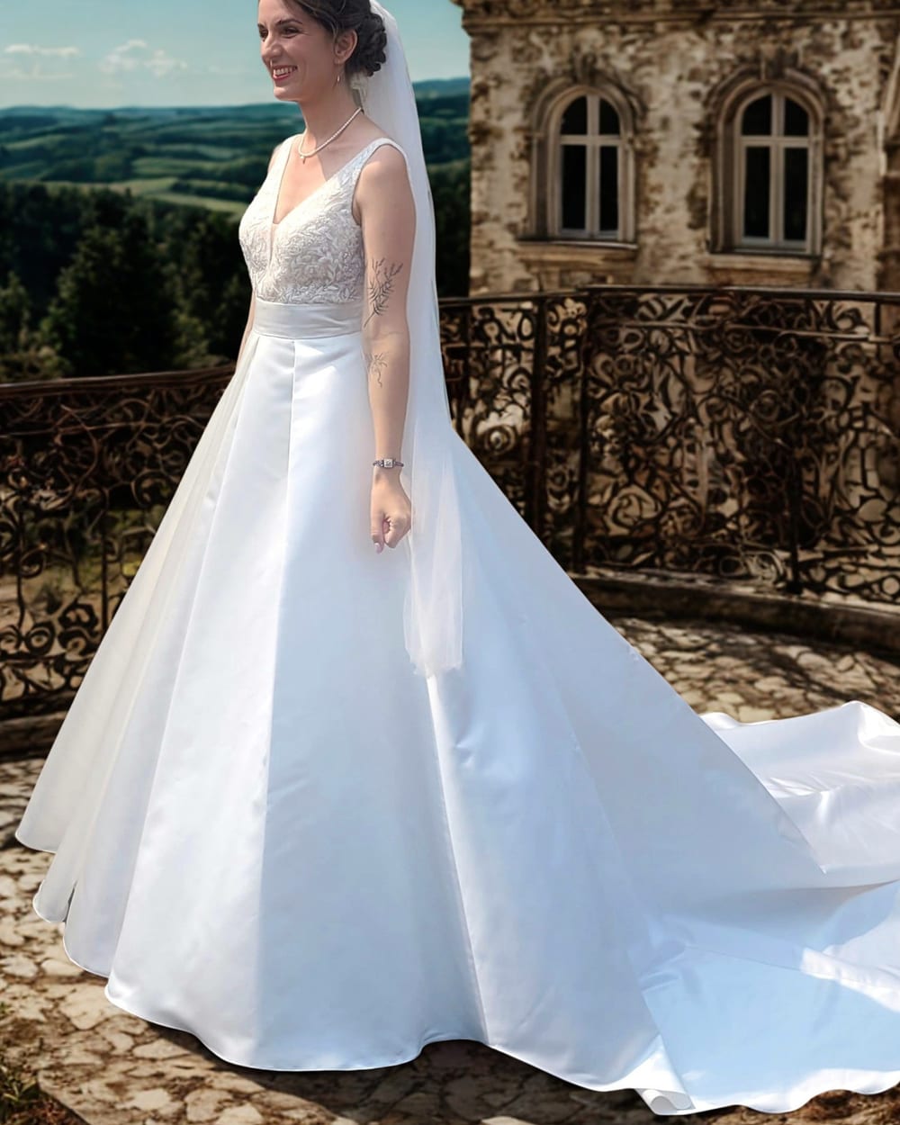 Une mariée sur une terrasse, coiffée et maquillée par Nora